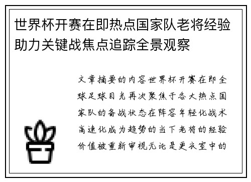 世界杯开赛在即热点国家队老将经验助力关键战焦点追踪全景观察