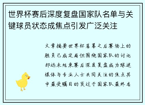 世界杯赛后深度复盘国家队名单与关键球员状态成焦点引发广泛关注 世界杯赛后深度复盘国家队名单与关键球员状态成焦点引发广泛关注